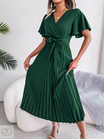 Spring Summer Elegant Criss Cross V-neck Swing Pleated Dress Women Clothing - Quality Home Clothing| Beauty