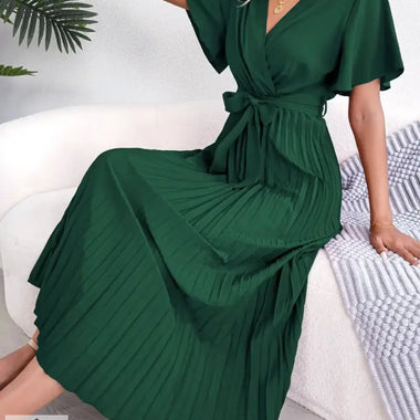 Spring Summer Elegant Criss Cross V-neck Swing Pleated Dress Women Clothing - Quality Home Clothing| Beauty