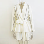 Elegant Rhinestone Belted Two-Piece Set - S / White - Clothing