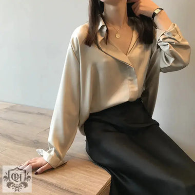 Spring Elegant Satin Shirt Women Long Sleeved Shirt Loose Solid Color Shirt - Quality Home Clothing| Beauty