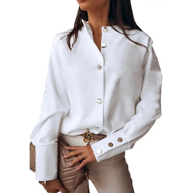 Spring Women Clothing Shirt Button Solid Color Office round Neck Shirt - Quality Home Clothing| Beauty