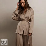 Elegant Tie Up Silk Pajama Set featuring a luxurious satin belted design