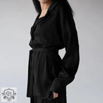 Elegant Tie Up Silk Pajama Set featuring a black belted shirt and pants combination