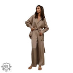 Beige oversized shirt and wide-leg pants of an Elegant Tie Up Silk Pajama Set