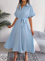 Summer Casual Loose Solid Color Tied Shirt Dress Maxi Dress Women Clothing - Quality Home Clothing| Beauty