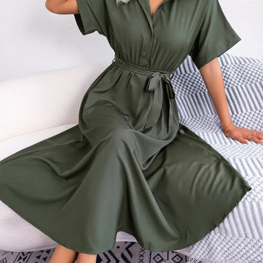 Summer Casual Loose Solid Color Tied Shirt Dress Maxi Dress Women Clothing - Quality Home Clothing| Beauty