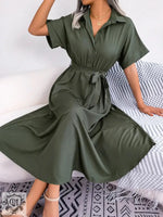 Summer Casual Loose Solid Color Tied Shirt Dress Maxi Dress Women Clothing - Quality Home Clothing| Beauty