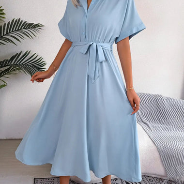 Summer Casual Loose Solid Color Tied Shirt Dress Maxi Dress Women Clothing - Quality Home Clothing| Beauty