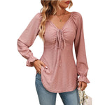 Fall Arrival Women Clothing V Neck Drawstring Girdle Sexy Long Sleeve Solid Color T Shirt - Quality Home Clothing| Beauty