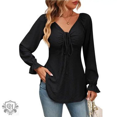 Fall Arrival Women Clothing V Neck Drawstring Girdle Sexy Long Sleeve Solid Color T Shirt - Quality Home Clothing| Beauty