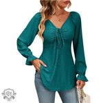 Fall Arrival Women Clothing V Neck Drawstring Girdle Sexy Long Sleeve Solid Color T Shirt - Quality Home Clothing| Beauty