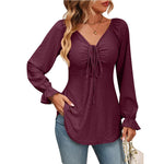 Fall Arrival Women Clothing V Neck Drawstring Girdle Sexy Long Sleeve Solid Color T Shirt - Quality Home Clothing| Beauty