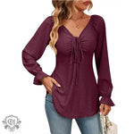 Fall Arrival Women Clothing V Neck Drawstring Girdle Sexy Long Sleeve Solid Color T Shirt - Quality Home Clothing| Beauty