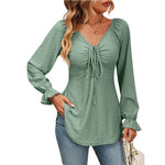 Fall Arrival Women Clothing V Neck Drawstring Girdle Sexy Long Sleeve Solid Color T Shirt - Quality Home Clothing| Beauty