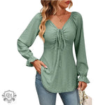 Fall Arrival Women Clothing V Neck Drawstring Girdle Sexy Long Sleeve Solid Color T Shirt - Quality Home Clothing| Beauty