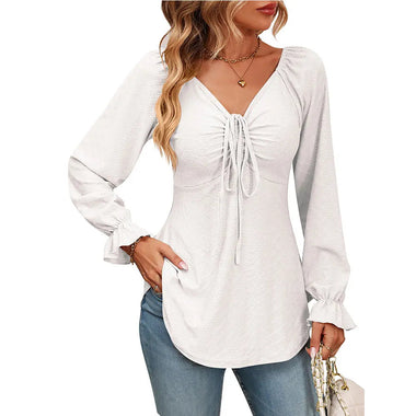 Fall Arrival Women Clothing V Neck Drawstring Girdle Sexy Long Sleeve Solid Color T Shirt - Quality Home Clothing| Beauty