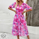 Printed V-Neck Maxi Dress - QH Clothing