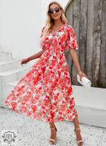 Printed V-Neck Maxi Dress - QH Clothing