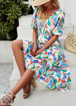 Printed V-Neck Maxi Dress - QH Clothing