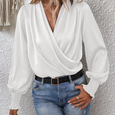 Women Elegant Women V neck Smocking Lantern Sleeve Office Women Solid Color Shirt - Quality Home Clothing| Beauty