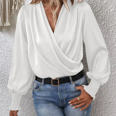 Women Elegant Women V neck Smocking Lantern Sleeve Office Women Solid Color Shirt - Quality Home Clothing| Beauty