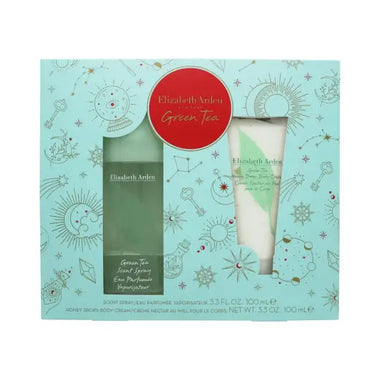 Gift set box with turquoise floral design featuring Elizabeth Arden Grönt Te Presentset 100ml