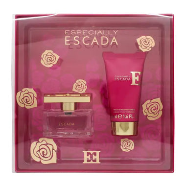 Pink Escada perfume gift set 30ml EDP and 50ml body lotion with gold rose designs