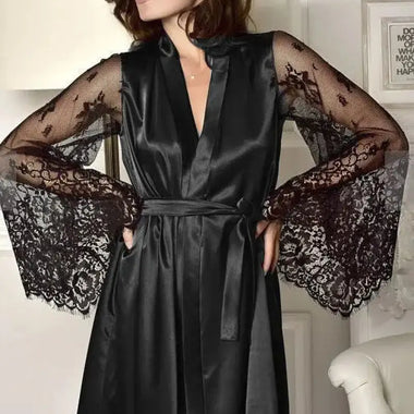 Sexy Lingerie Lace See-through Long Sleeve Imitation Ice Silk Robe - Quality Home Clothing| Beauty