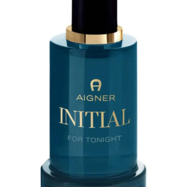 Teal Etienne Aigner Initial For Tonight perfume bottle with gold accents and black cap