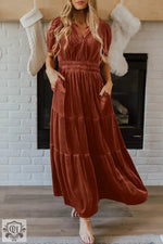 Evergreen Velvet Short Sleeve Shirred Waist Tiered Maxi Dress - Chestnut / S / 95% Polyester + 5% Elastane