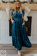 Evergreen Velvet Short Sleeve Shirred Waist Tiered Maxi Dress - Dresses/Maxi Dresses