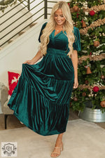 Evergreen Velvet Short Sleeve Shirred Waist Tiered Maxi Dress - Dresses/Maxi Dresses