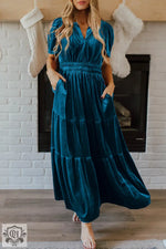 Evergreen Velvet Short Sleeve Shirred Waist Tiered Maxi Dress - Prussian Blue / S / 95% Polyester + 5% Elastane