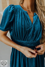 Evergreen Velvet Short Sleeve Shirred Waist Tiered Maxi Dress - Dresses/Maxi Dresses