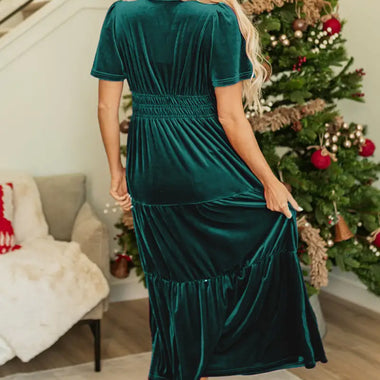 Evergreen Velvet Short Sleeve Shirred Waist Tiered Maxi Dress - Dresses/Maxi Dresses