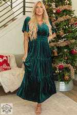 Evergreen Velvet Short Sleeve Shirred Waist Tiered Maxi Dress - Evergreen / S / 95% Polyester + 5% Elastane