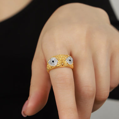 18K gold exaggerated personalized owl inlaid with zircon design simple style ring - QH Clothing