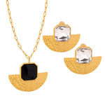 18K gold exaggerated fan-shaped volcano with gemstone design simple style necklace and earrings set - QH Clothing