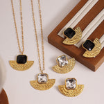 18K gold exaggerated fan-shaped volcano with gemstone design simple style necklace and earrings set - QH Clothing