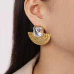 18K gold exaggerated fan-shaped volcano with gemstone design simple style necklace and earrings set - QH Clothing