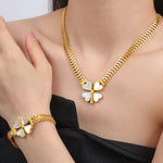 18K gold exquisite and fashionable four-leaf clover flower inlaid with gemstone design pastoral style necklace bracelet earrings set - QH Clothing