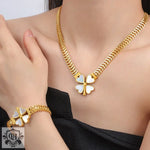 18K gold exquisite and fashionable four-leaf clover flower inlaid with gemstone design pastoral style necklace bracelet earrings set - QH Clothing