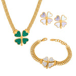 18K gold exquisite and fashionable four-leaf clover flower inlaid with gemstone design pastoral style necklace bracelet earrings set - QH Clothing