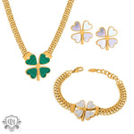 18K gold exquisite and fashionable four-leaf clover flower inlaid with gemstone design pastoral style necklace bracelet earrings set - QH Clothing