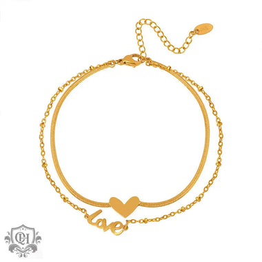 18K gold exquisite and fashionable heart with "LOVE" double-layer design anklet - QH Clothing