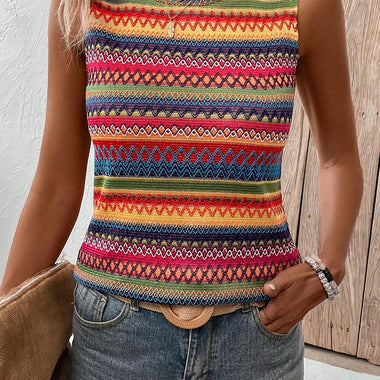 Yellow Ethnic Wavy Pattern Round Neck Sleeveless Top