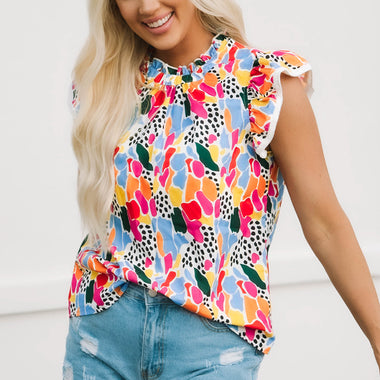 Multicolor Abstract Print High Neck Flutter Sleeves Top