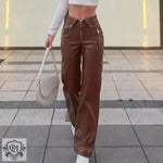 Fall Women High Waist Straight Loose Wide Leg Casual Pants Leather Pants - QH Clothing