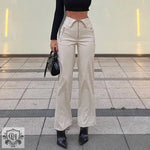 Fall Women High Waist Straight Loose Wide Leg Casual Pants Leather Pants - QH Clothing