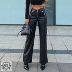 Fall Women High Waist Straight Loose Wide Leg Casual Pants Leather Pants - QH Clothing